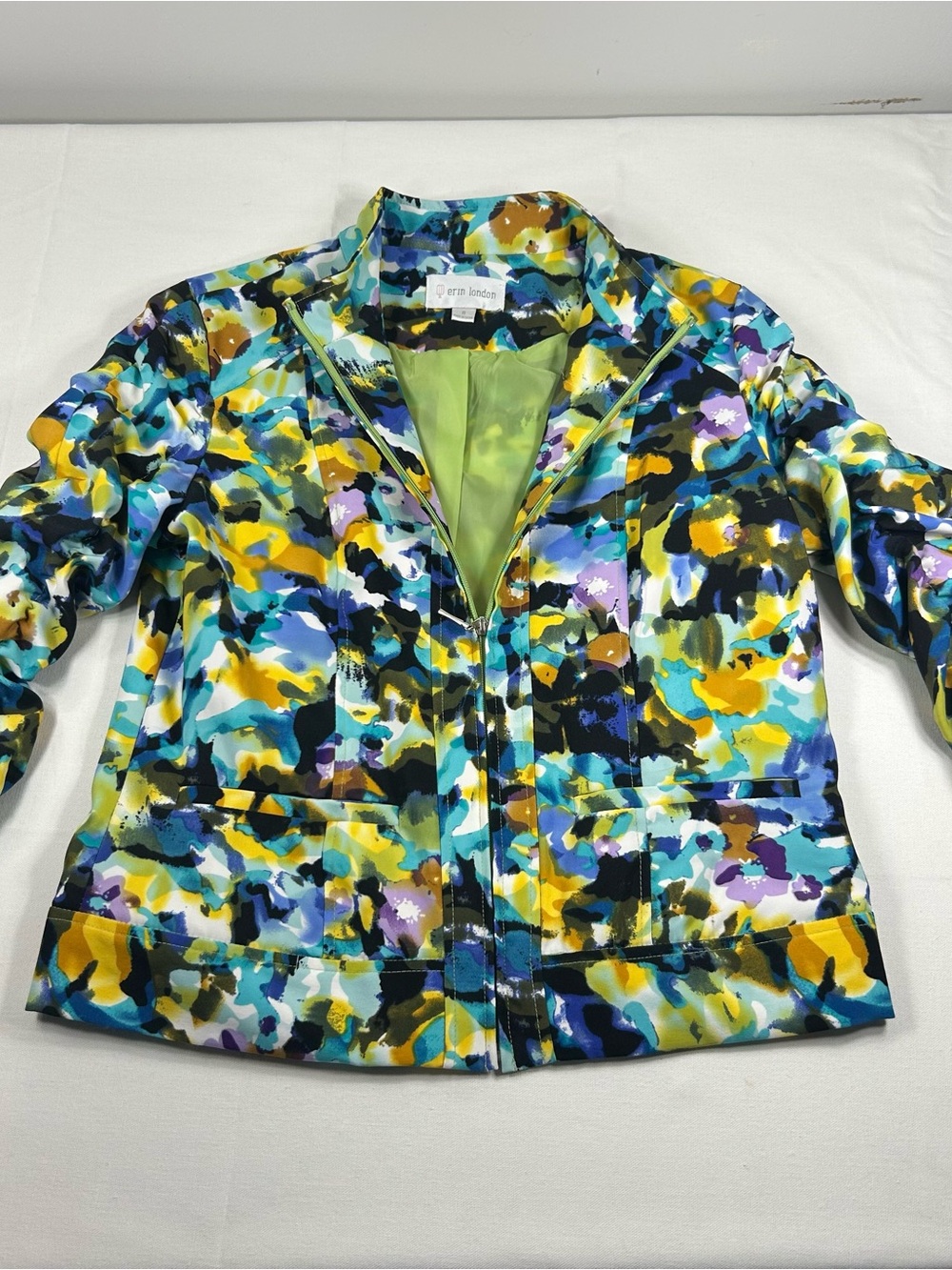 Erin London Zip Jacket Blue Green Yellow Abstract Size Wms Small Ruched Sleeve